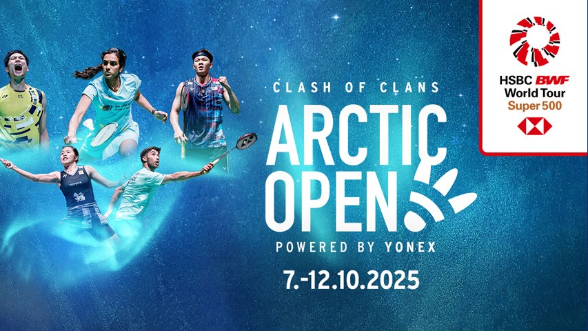 โปสเตอร์โปรโมทการแข่งขันแบดมินตันระดับโลก Arctic Open 2025 ซึ่งเป็นส่วนหนึ่งของ HSBC BWF World Tour Super 500 จัดขึ้นวันที่ 7-12 ตุลาคม 2025